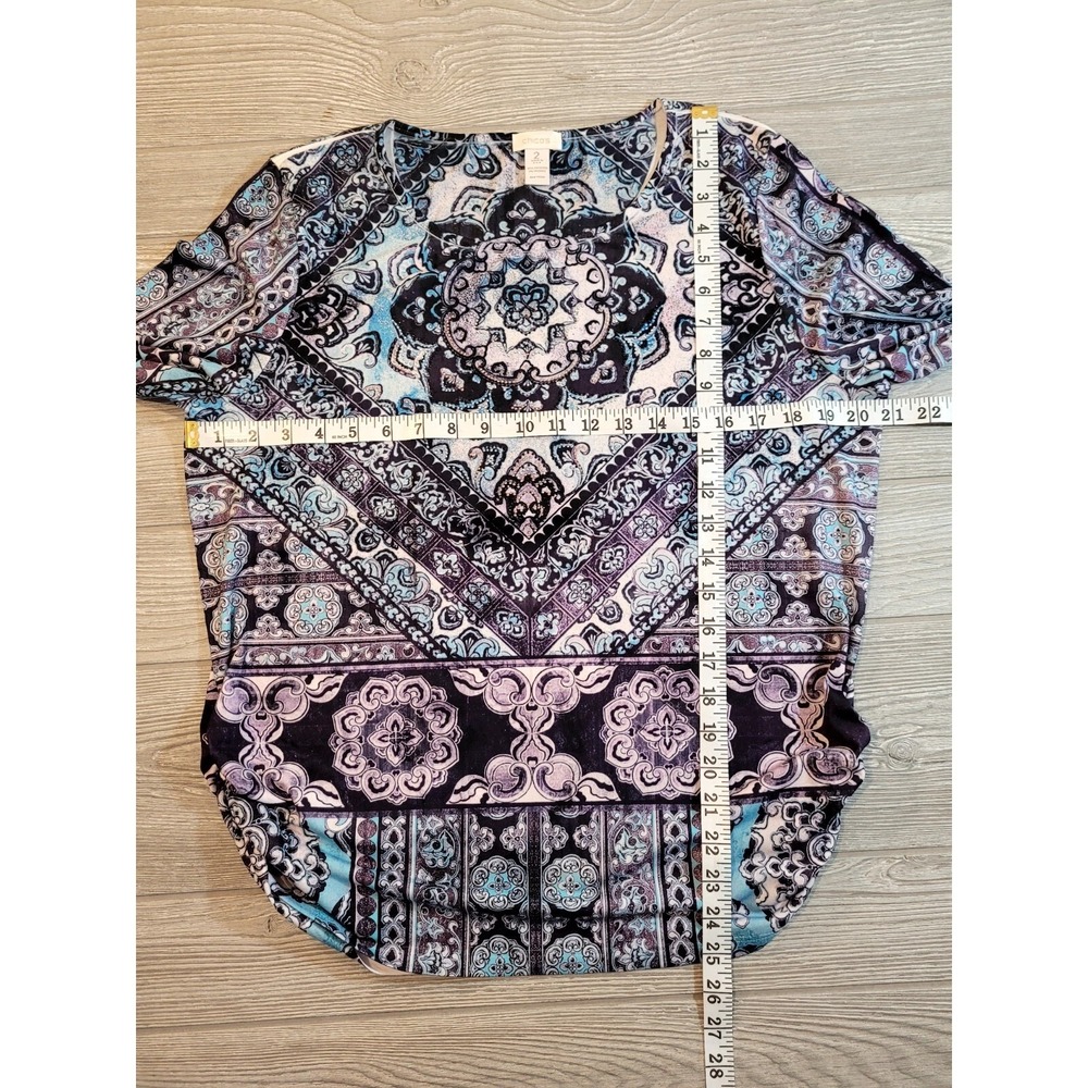 Chicos Medallion Print Rhinestone Draped Tulip Hem Top Purple Blue Size 2 Large - Picture 5 of 7